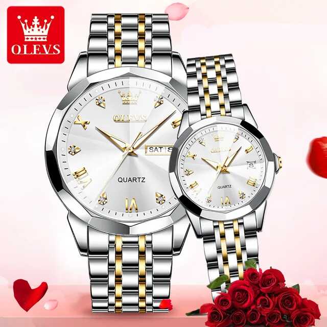 Olevs 9931 Couple Watch - Silver Gold & White